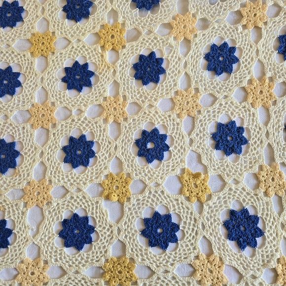Vintage Hand-Crocheted Tablecloth Off-White Blue & Yellow Country Cottagecore - Picture 3 of 6